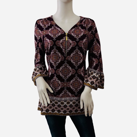 Roz & Ali Tops - ROZ & ALI Fall Tunic Top Medium V-neck Zip Bell Sleeve Purple Boho Flowy Stretch